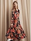 cheap Designer Dresses-Women&#039;s Floral Print V Neck Velvet Midi Dress