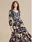 abordables Designer Dresses-Vestido estampado de flores con diseño informal de mujer  estilo swing  cuello en V y manga larga  Tallas S a 2XL