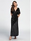 cheap Designer Dresses-Women&#039;s Elegant Black Velvet V Neck Prom Dress