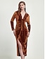 cheap Designer Dresses-Velvet Ruched V Neck Slit Dress