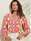 cheap Designer Tops-Satin Floral Print V-neck Shirt