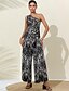 cheap Jumpsuits-One Shoulder Abstract Lace Up Jumpsuit