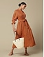 baratos Vestidos Casuais-Linen Solid Standing Collar Midi Dress