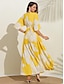 cheap Print Dresses-Satin Yellow Flower Print Corset Maxi Dress