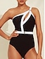 cheap One-Pieces-Hepburn Contrast Hole One Shoulder Swimsuit