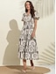 cheap Print Dresses-Cotton Striped V Neck Floral Puff Sleeve Dress