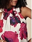 baratos Tops &amp; Blouses-Camisa Feminina Estampada Floral Com Gola de Gravata