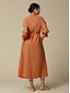 abordables Vestidos casuales-Solid Linen Midi Dress with Standing Collar