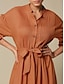 cheap Casual Dresses-Linen Solid Standing Collar Midi Dress