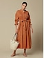 abordables Vestidos casuales-Solid Linen Midi Dress with Standing Collar