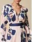 economico Print Dresses-Satin Floral Zip Tie V Neck Maxi Dress
