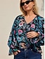 billige Tops &amp; Blouses-Bluse  Floral  Ferie  Casual  Erme  Svart  Trykk  V hals  Normal + Women