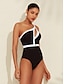 cheap One-Pieces-Hepburn Contrast Hole One Shoulder Swimsuit