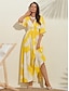 cheap Print Dresses-Satin Yellow Flower Print Corset Maxi Dress