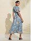 billige Sale-Brand Cotton Folk Print V Neck Midi Dress