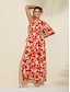 billige Sale-Floral Linen Diagonal Neck Maxi Dress