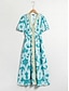 billige Print Dresses-Resort Wear V Neck Puff Sleeve Midi Dress