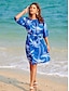 abordables Print Dresses-Tropical V Neck Belted Knee Length Dress
