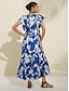 economico Print Dresses-Casual Print Maxi Dress V Neck Sleeveless Pleats