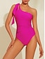 cheap One-Pieces-One Shoulder Knotted Swimsuit Solid Beachwear