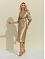 baratos Print Dresses-Vestido Dourado Metálico Midi com Decote V