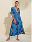 baratos Print Dresses-Print V Neck Drawstring Midi Dress