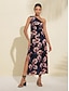 baratos Print Dresses-Satin Floral Print Midi Dress