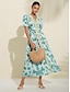 preiswerte Print Dresses-Resort Wear Folk Puff Sleeve V Neck Midi Dress