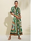 cheap Print Dresses-Satin Geometric Belted Maxi Shirt Dress