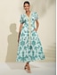 economico Print Dresses-Puff Sleeve V Neck Midi Dress