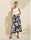 baratos Skirts-Floral Print Satin Midi Skirt