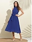 baratos Sale-Vestido Midi Feminino Azul Sólido com Cinto de Verão
