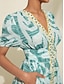 abordables Print Dresses-Resort Wear V Neck Puff Sleeve Midi Dress
