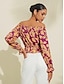 cheap Blouses-Satin Flower Print Off Shoulder Shirt