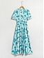 cheap Print Dresses-Puff Sleeve V Neck Midi Dress