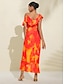 baratos Print Dresses-Blooming Ruffle Front Tie Midi Dress