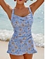 baratos Swim Dresses-Floral V Neck Swim Dress Removable Pad Shirred Swimwear Set