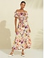 cheap Print Dresses-Satin Resort Sweet Ruffle Print Midi Dress