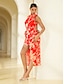 cheap Print Dresses-Satin Floral Print Shirred Midi Dress