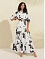 abordables Print Dresses-Black White Floral Denim Maxi Dress