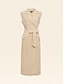 cheap Casual Dresses-Linen Blend Pocket Belted Peaked Lapel Midi Dress