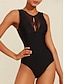 cheap One Pieces-Solid Hole Detail Swimsuit