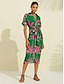 abordables Print Dresses-Print Shirred V Neck Midi Dress