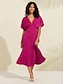 baratos Print Dresses-Empire Waist Midi Dress Shirred Deep V