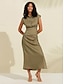 baratos Vestidos Casuais-Brand Solid Shirred Dress Casual Shirt Type