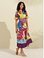 cheap Print Dresses-Satin Rainbow Floral Print Belted Midi Shirt Dress