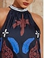 abordables Blouses-Satin Palm Leaf Print Halter Lace Up Beach Dress