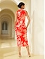 billige Print Dresses-Orange Floral Ruched Midi Dress
