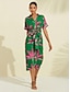 abordables Print Dresses-Brand Floral Design V Neck Shirred Midi Dress
