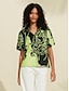 economico Blouses-Satin Floral Print Puff Sleeve Shirt